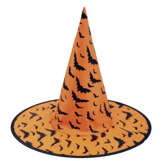 Čarodějnice - Klobouk Čarodějnice oranžový s netopýry